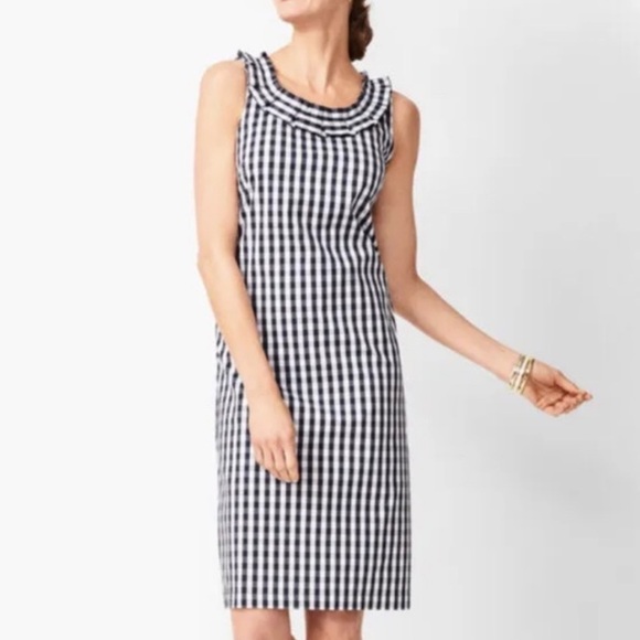 EUC Talbots Preppy Gingham Pleat Collar Shift Dress Black White size 14 Petite - Picture 2 of 14